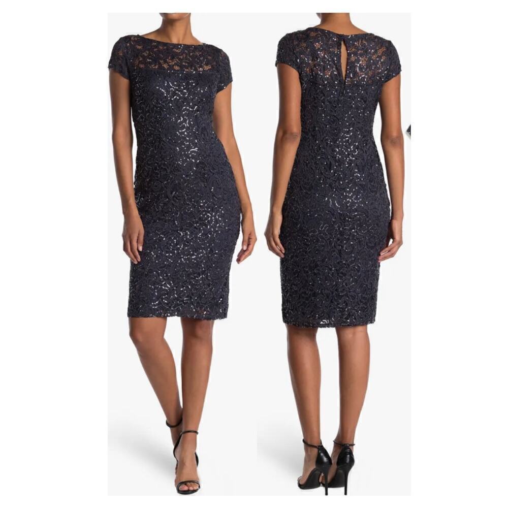 Marina Sequin Lace Cap Sleeve Sheath Dress in Gun Size small